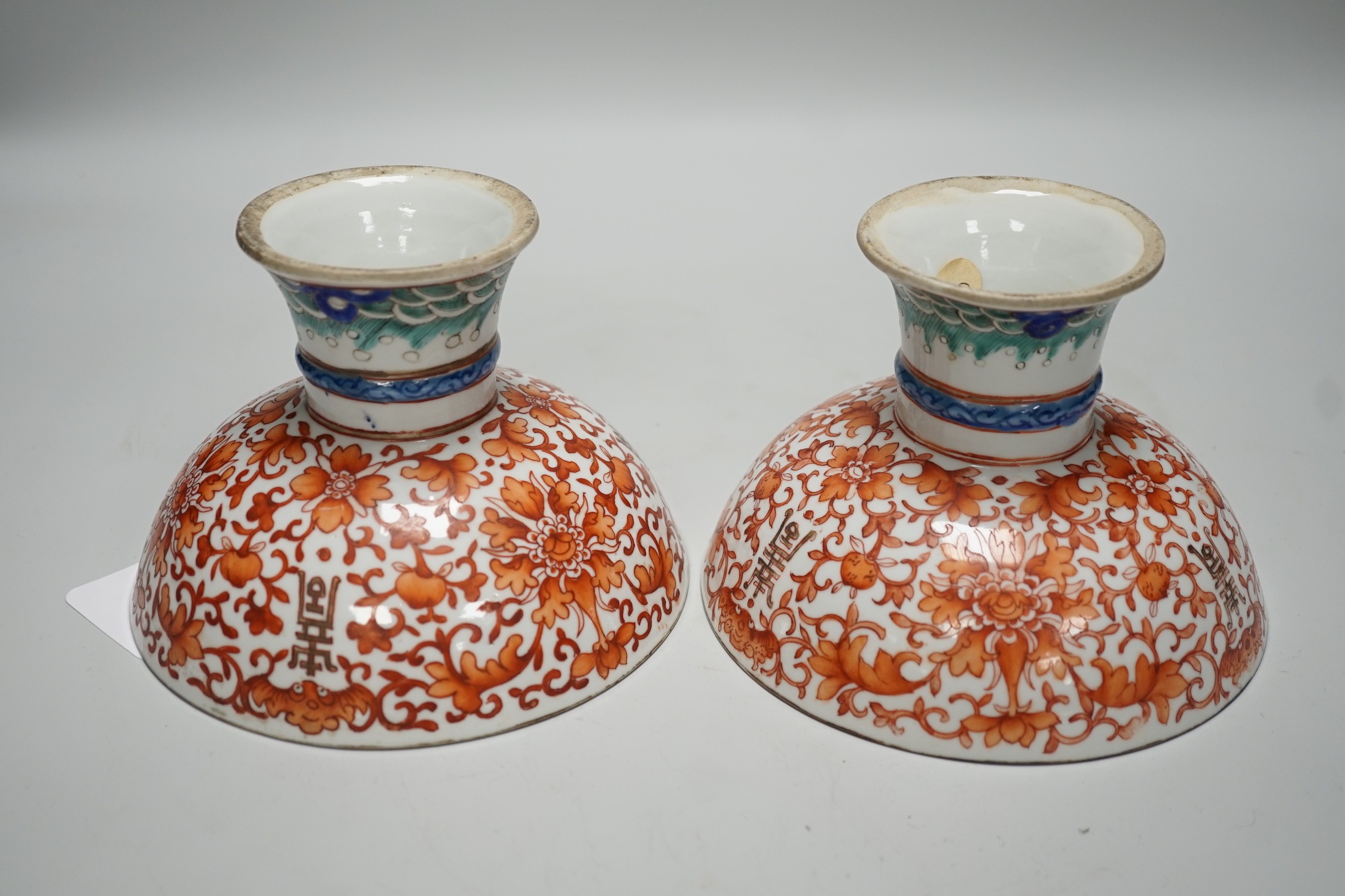 A large pair of 19th century Chinese stem bowls, painted with bats, Shou and lotus flowers, 12cm tall